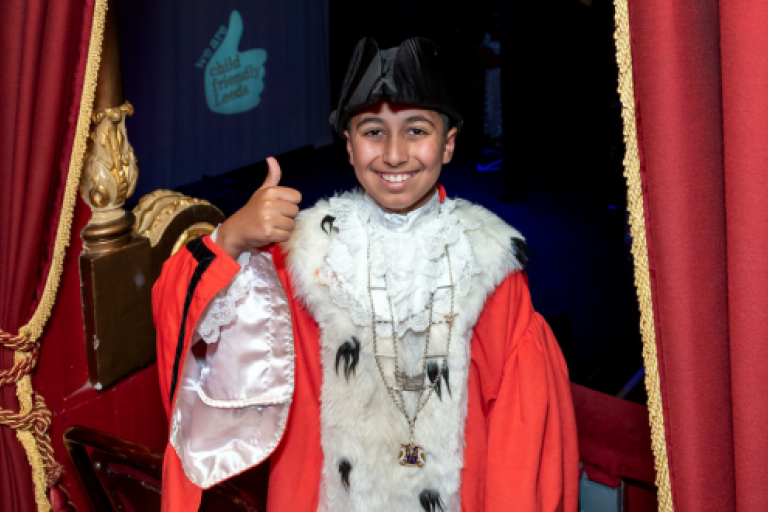 The Leeds Children's Mayor with a thumbs up